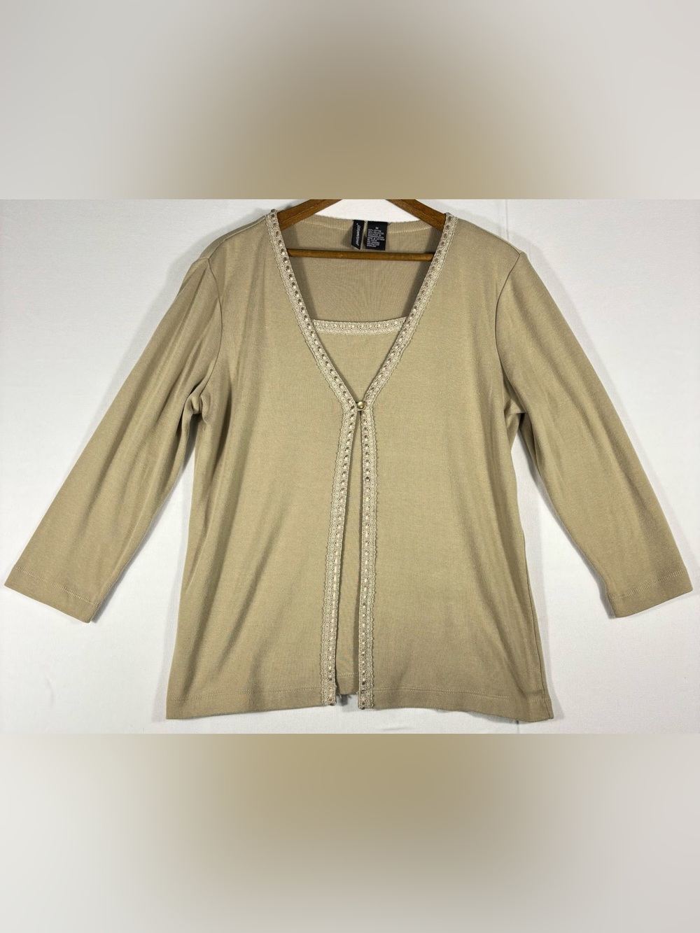 Jason Maxwell Women’s M Beige V-Neck Top with Embroidered Ribbon Trim